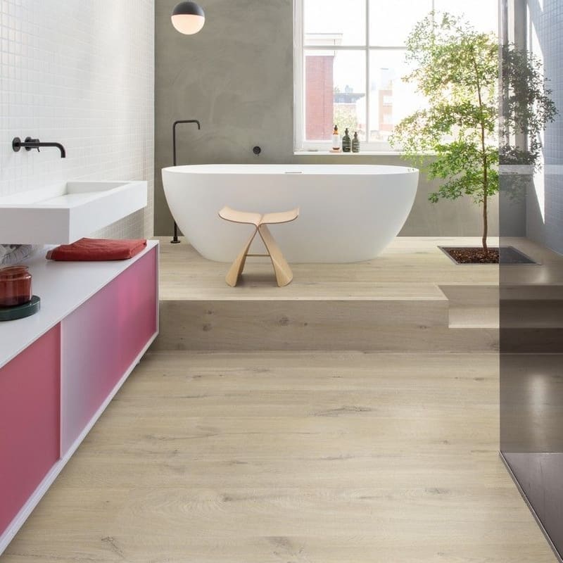 Contemporary kitchen with Quick-Step Alpha Bloom Cotton Oak Beige flooring