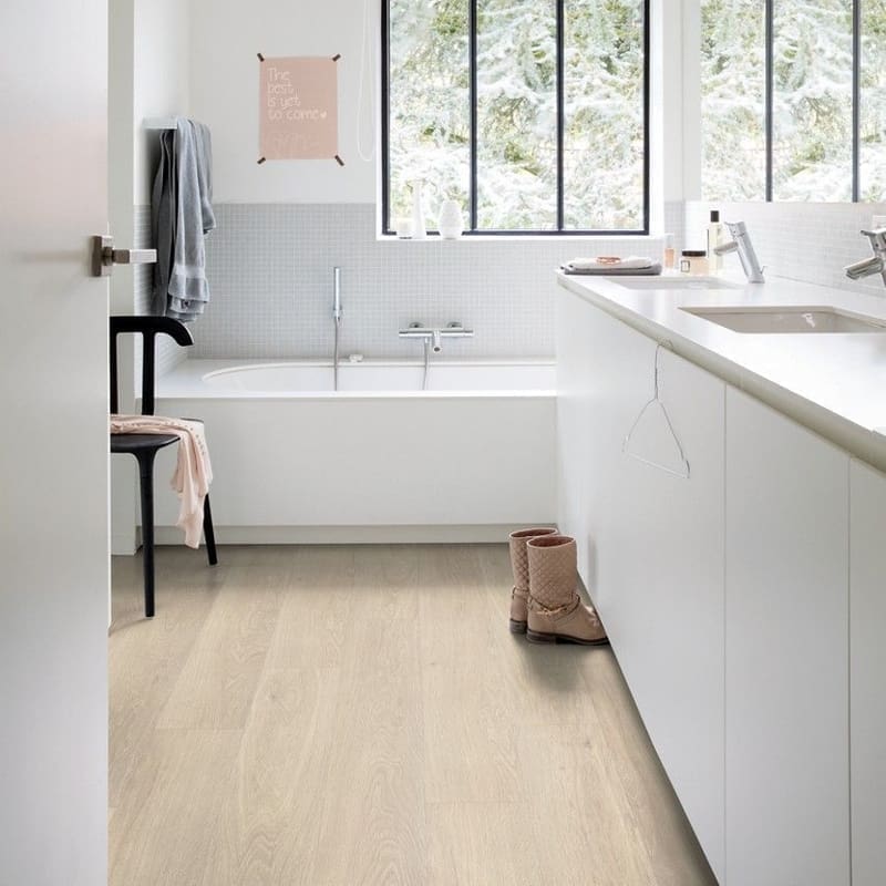 Modern bathroom with Sea Breeze Oak Beige flooring and white fixtures