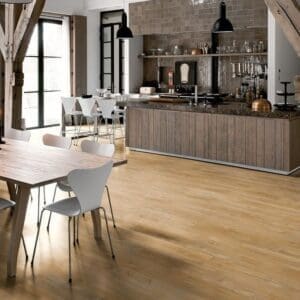 Kitchen with exposed wooden beams featuring Canyon Oak Natural flooring