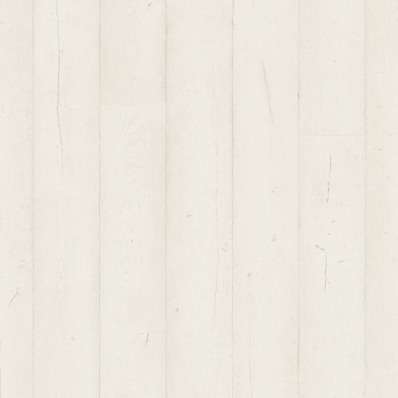 Full view of white painted oak laminate flooring showing plank pattern