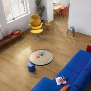 Modern dining room with Cotton Oak Deep Natural flooring and black designer chairs