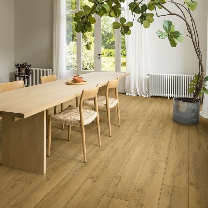 Bright dining room with honey oak laminate flooring and large indoor plant