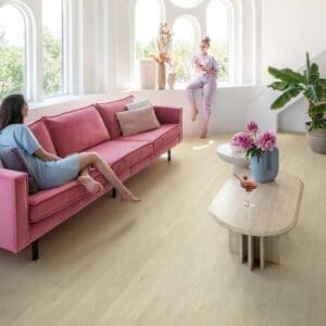 Luxury bathroom with freestanding tub and Sea Breeze Oak Beige flooring