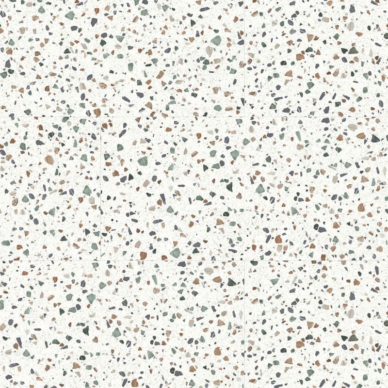 Moduleo Roots Fiastra Terrazzo Tile 46733. featuring white background with green, brown, and grey speckles