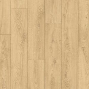 Full view of Quick-Step Desert Greige Oak laminate flooring planks showing the warm beige-grey tone and natural wood grain pattern