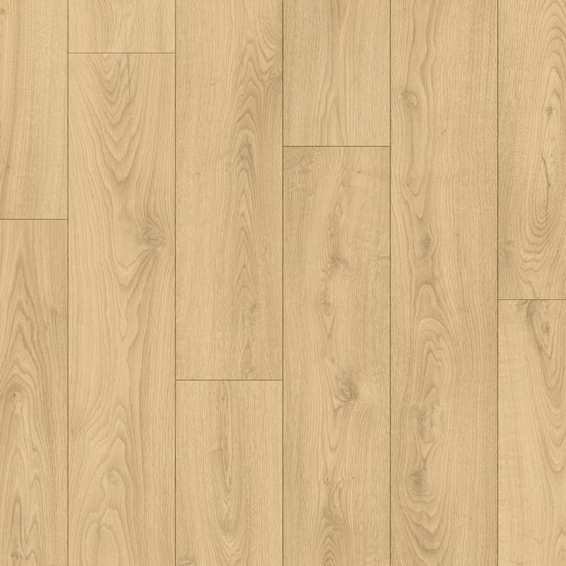 Full view of Quick-Step Desert Greige Oak laminate flooring planks showing the warm beige-grey tone and natural wood grain pattern