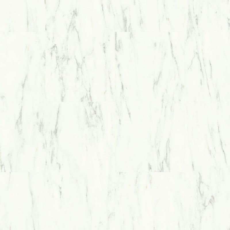 Full view of Quick-Step Alpha Oro Marble Carrara White vinyl flooring showing the overall marble pattern and tile layout