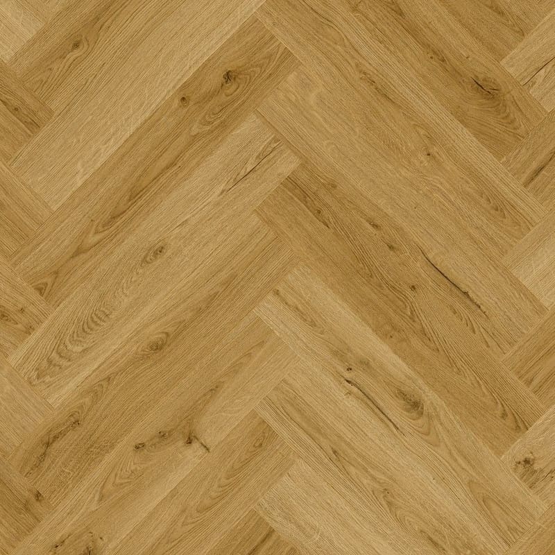 Close-up of Quick-Step Alpha Ciro Botanic Smoked Oak flooring showing herringbone pattern and wood grain detail