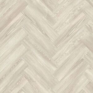 Moduleo Roots Mexican Ash 20216 luxury vinyl flooring in herringbone pattern layout showing light beige wood grain texture