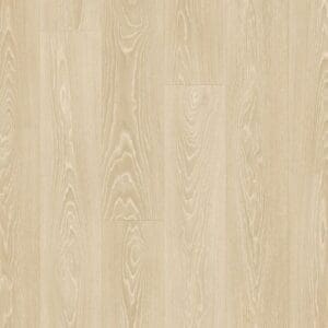 Full view of Quick-Step Frosty Beige Oak laminate flooring installed in a modern living room