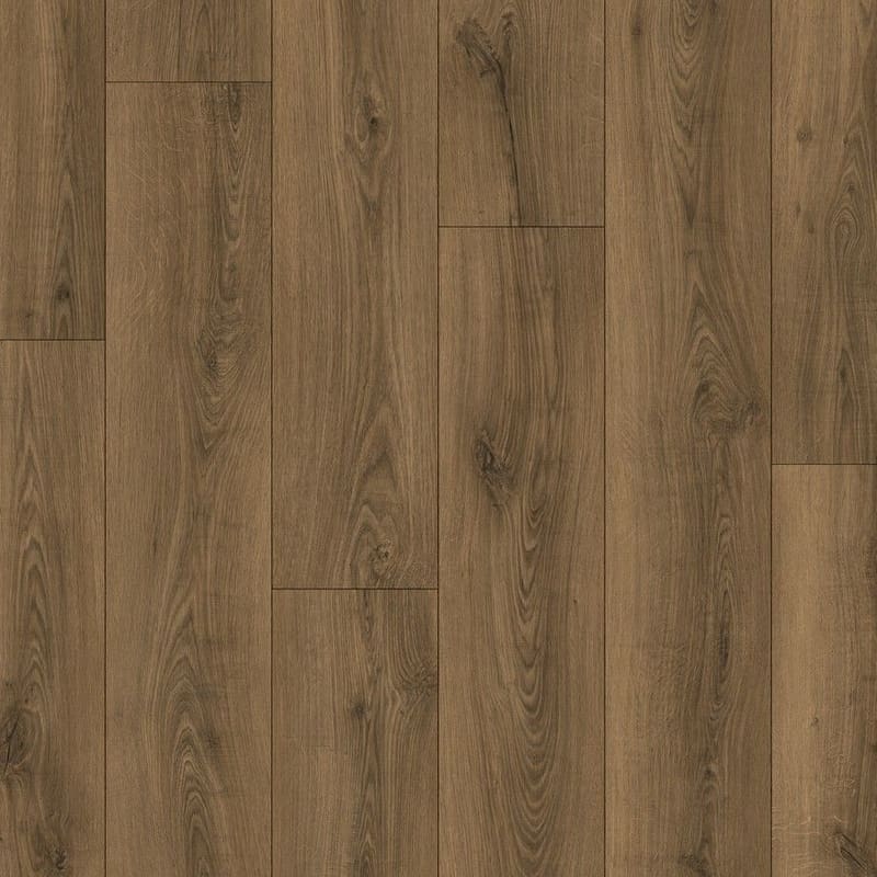 Quick-Step Classic Warm Brown Oak laminate flooring sample showing detailed wood grain pattern and warm brown tones