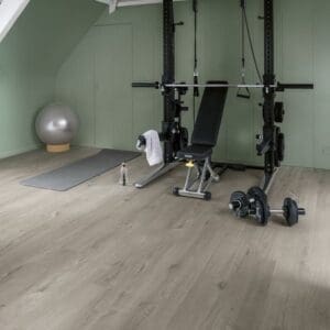 Home gym with Cotton Oak Cozy Grey flooring, exercise equipment and white ceiling beams