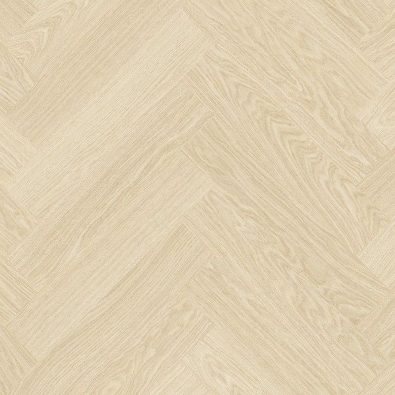 Quick-Step Alpha Ciro Pure Oak Polar flooring in herringbone pattern with water droplets demonstrating waterproof properties