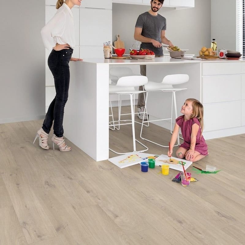 Modern bathroom featuring Quick-Step Alpha Bloom Cotton Oak Beige flooring