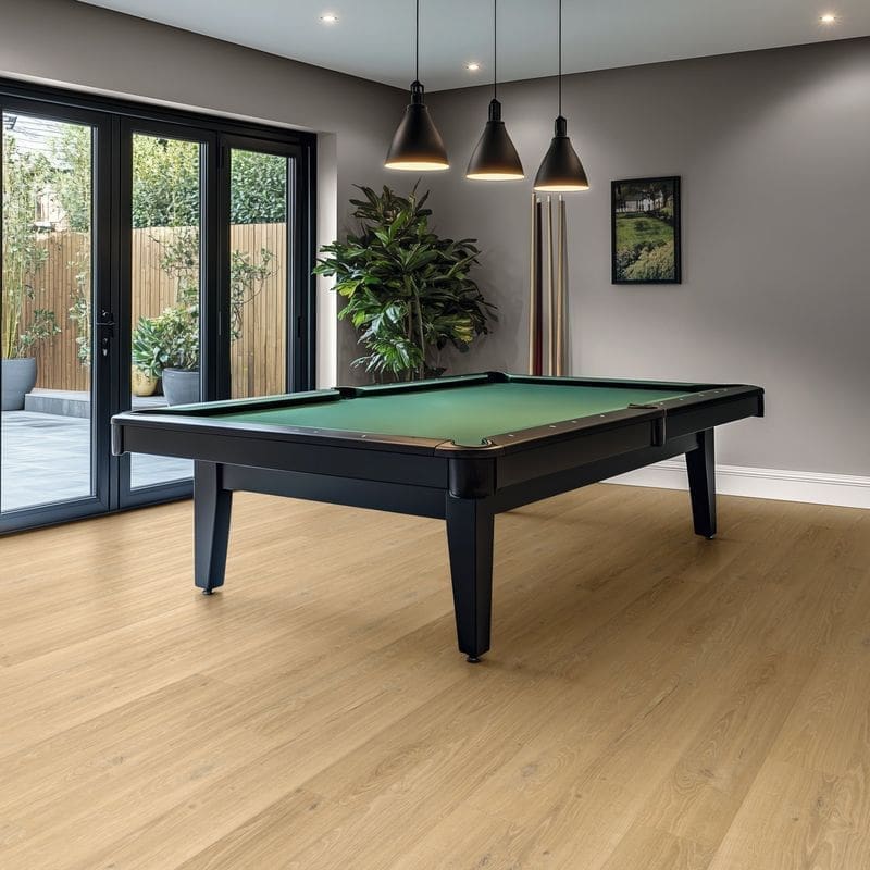 Piazza oak flooring installed in modern game room with pool table