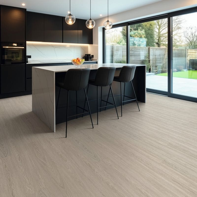 Modern kitchen with verona prime pvp407 flooring and black cabinetry