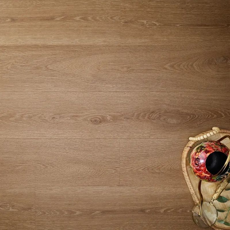 Textures cottage oak plank flooring with decorative items and woven basket