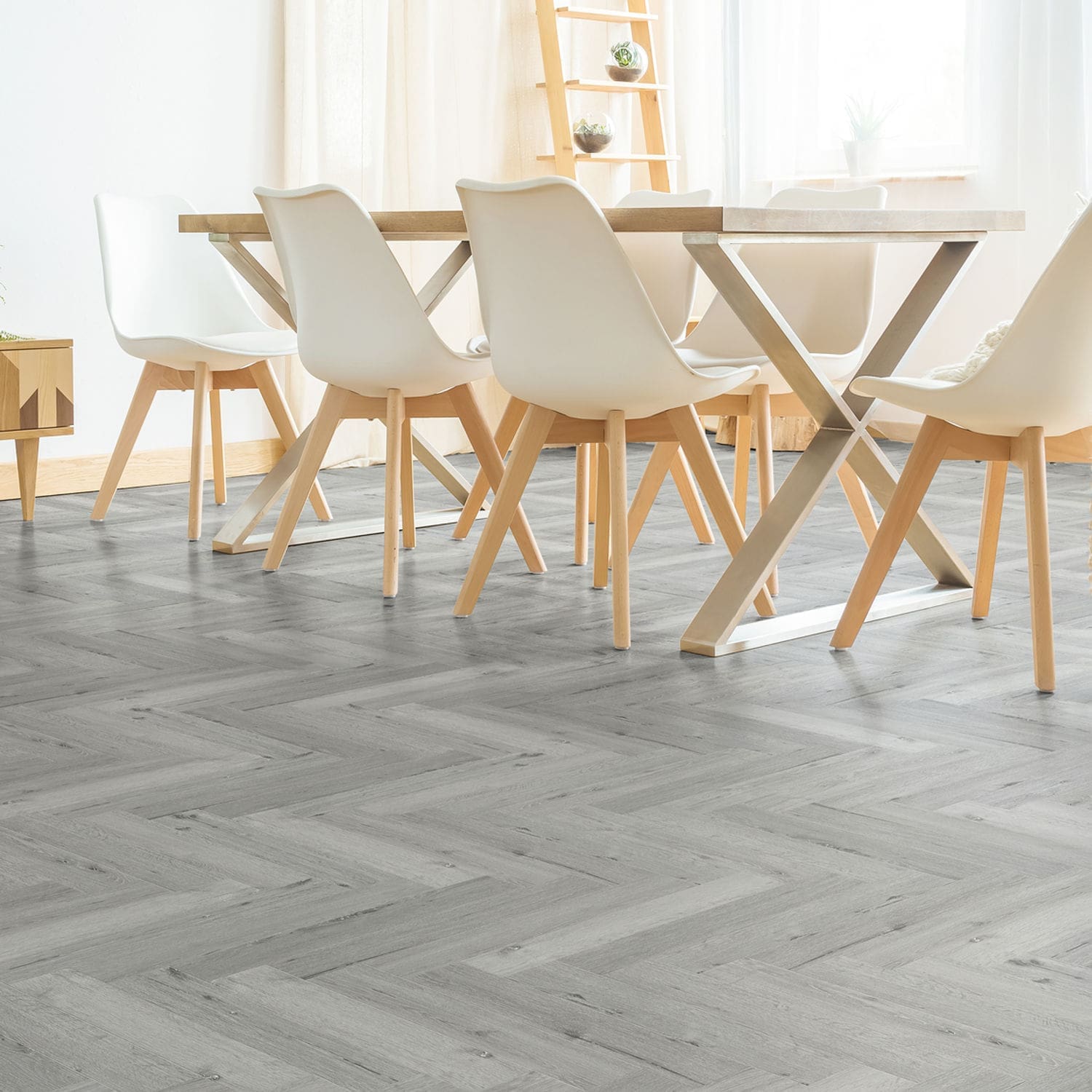 Bodo Herringbone SPC Winter Oak flooring - detail view showing texture and color