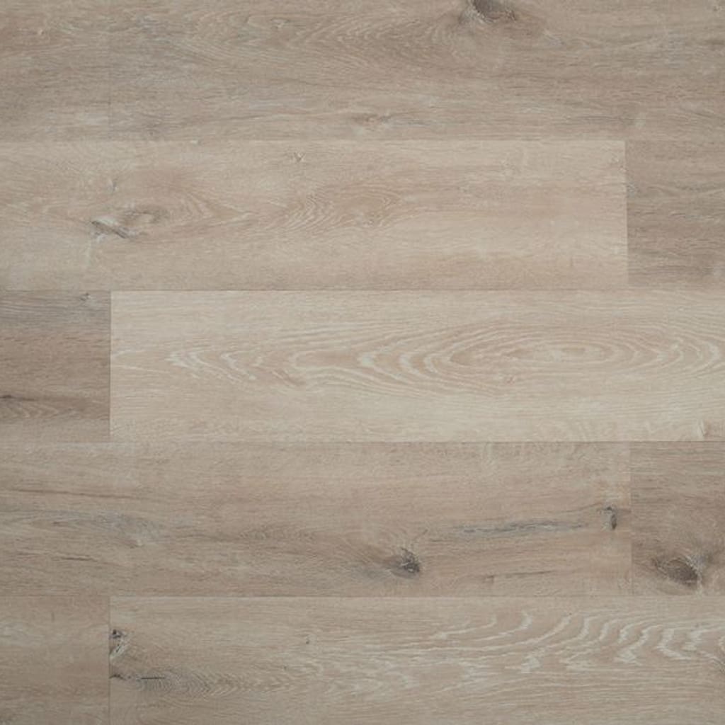 Close up of GF SPC Dormy Oak whitewashed grey wood effect planks showing natural grain and knots