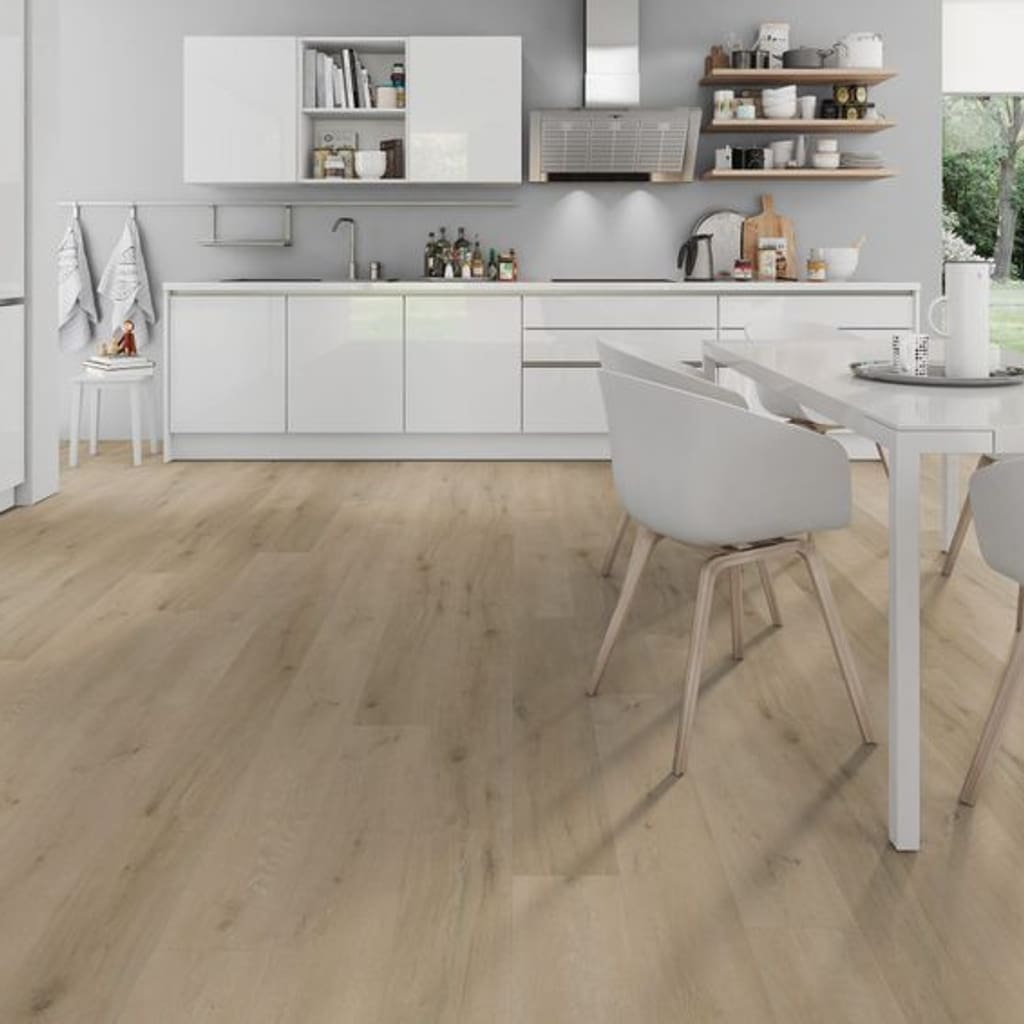 Modern white kitchen featuring Prestige Oak Light Natural flooring