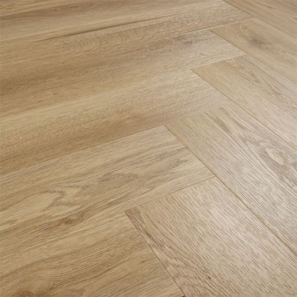 Angled perspective of the Weathered Cedar herringbone flooring installation