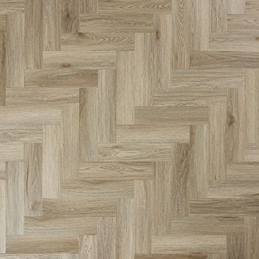 Top down view of Abingdon Tapestry Smoky Oak luxury vinyl flooring in a herringbone pattern