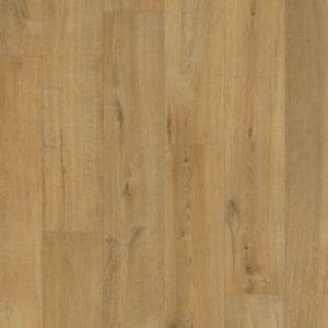 Close-up of Quick-Step Impressive Ultra Soft Oak Natural laminate flooring showing authentic wood grain texture and beveled edges