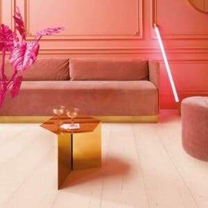 Pink-themed living room featuring Painted Oak Rose laminate flooring