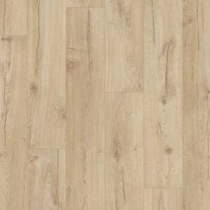 Close-up of Quick-Step Impressive Ultra Classic Oak Beige laminate flooring showing natural wood grain texture and authentic beveled edges