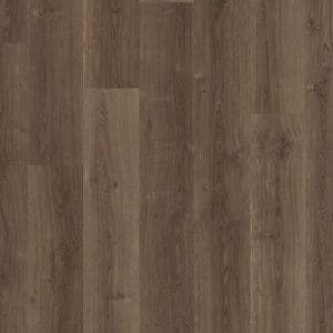 Modern bathroom with yellow accent wall and vanity unit featuring Quick-Step Brushed Oak Brown laminate flooring