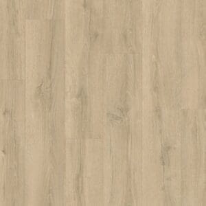 Close-up of Quick-Step Classic Sandy Greige Oak laminate flooring showing detailed wood grain texture and water droplets demonstrating waterproof properties