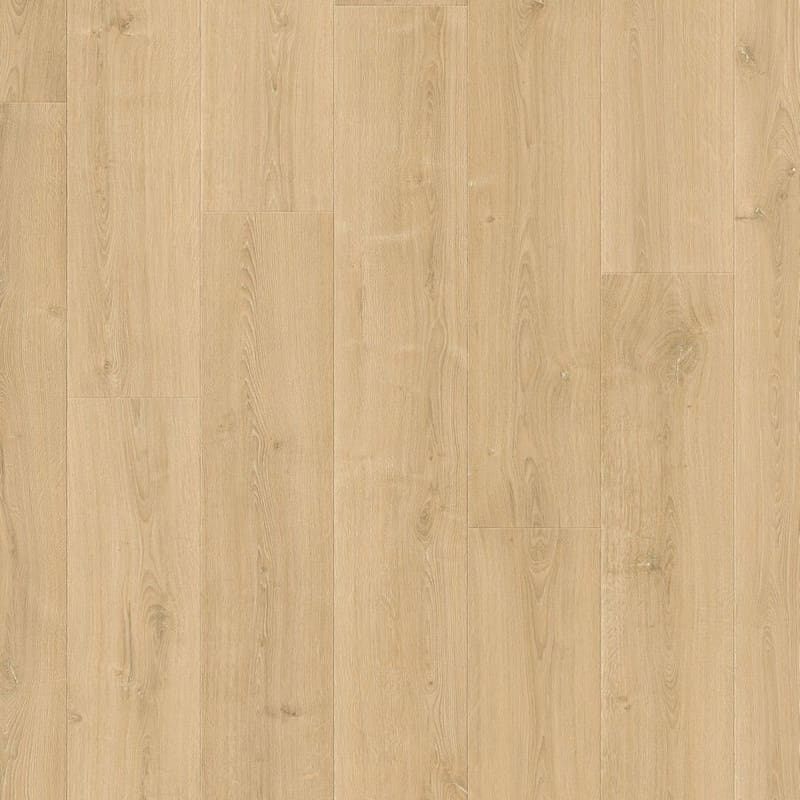 Full room view of Quick-Step Capture Brushed Oak Natural laminate flooring installed in a modern bathroom with blue cabinetry