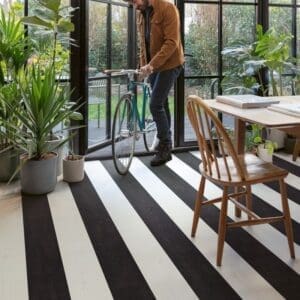 Sunroom with black and white striped flooring pattern and person with bicycle