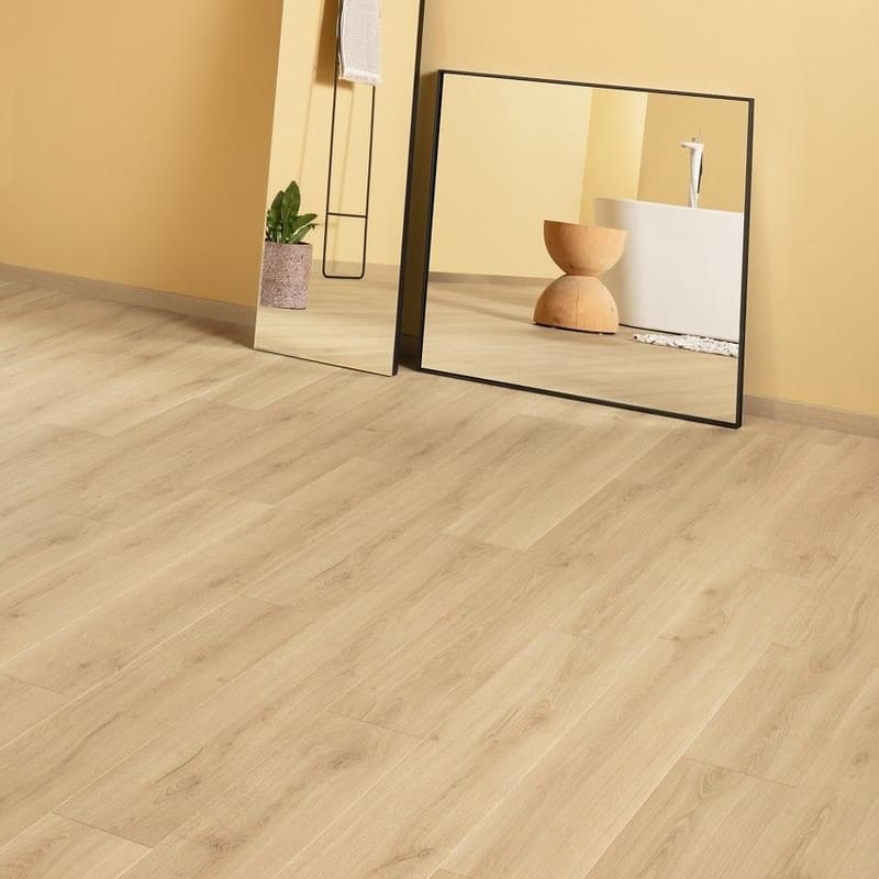 Quick-Step Capture Brushed Oak Natural laminate flooring with mirrors leaning against yellow wall showing reflection