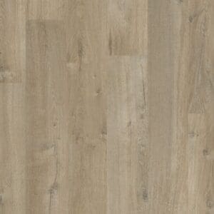 Quick-Step Impressive Ultra Soft Oak Light Brown laminate flooring full plank view showing natural oak grain pattern and light brown coloring