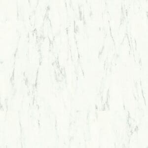 Full view of Quick-Step Alpha Oro Marble Carrara White vinyl flooring showing the overall marble pattern and tile layout