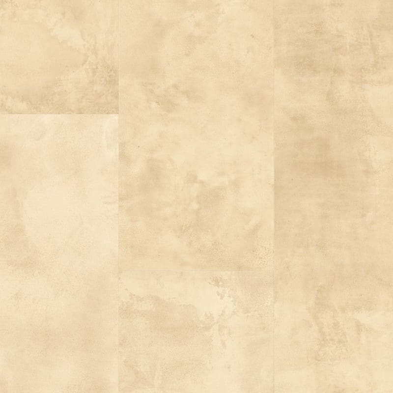Close-up of Quick-Step Muse Sandstone laminate flooring showing waterproof properties with water droplets on surface