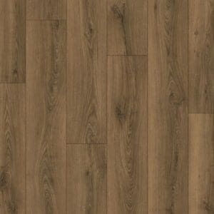 Quick-Step Classic Warm Brown Oak laminate flooring sample showing detailed wood grain pattern and warm brown tones