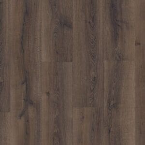 Full plank view of Quick-Step Majestic Desert Oak Brushed Dark Brown laminate flooring showing natural wood pattern variation