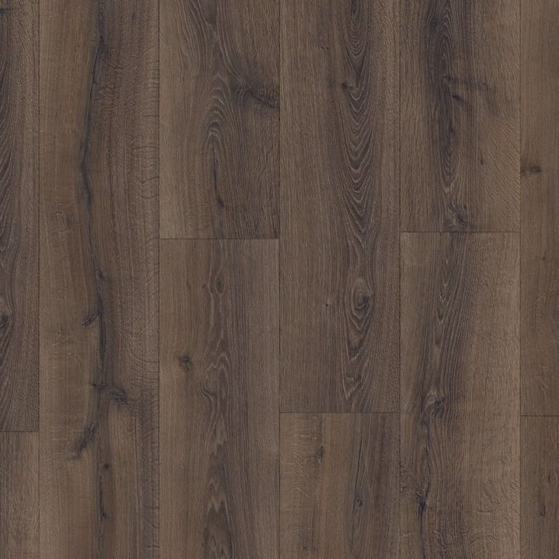 Full plank view of Quick-Step Majestic Desert Oak Brushed Dark Brown laminate flooring showing natural wood pattern variation
