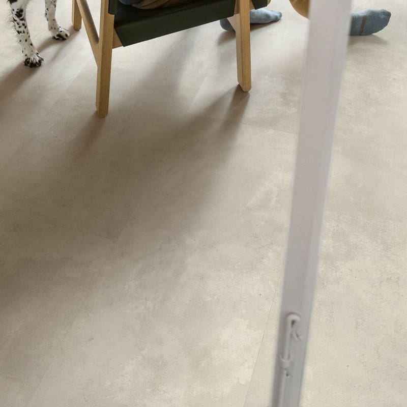 Living room with Quick-Step Muse Stained Concrete flooring featuring person sitting in chair with dog