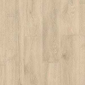 Quick-Step Majestic Woodland Oak Beige laminate flooring sample showing natural wood grain pattern in warm beige tones