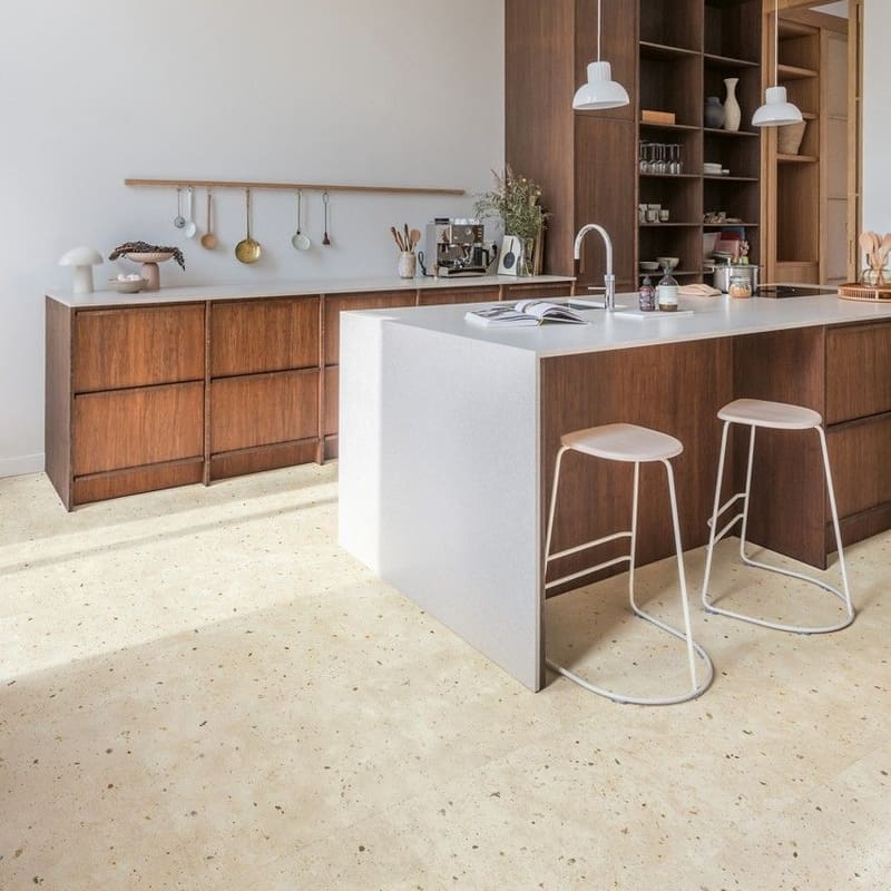 Contemporary kitchen with island featuring Quick-Step Muse Botanic Concrete flooring