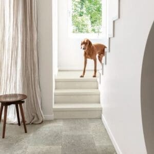 Staircase with wooden steps and Dusky Bluestone laminate flooring viewed from above