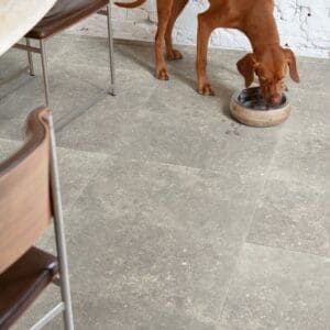 Modern dining area with Dusky Bluestone laminate flooring and pendant lighting