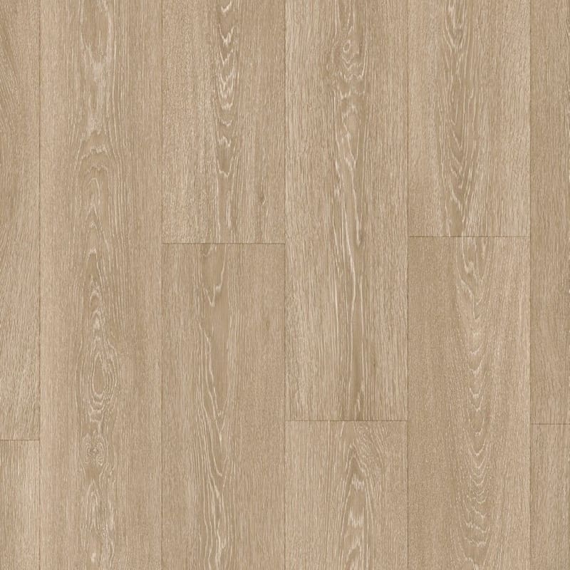 Quick-Step Majestic Valley Oak Light Brown laminate flooring in a modern bathroom setting with freestanding bath