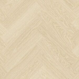 Quick-Step Alpha Ciro Pure Oak Polar flooring in herringbone pattern with water droplets demonstrating waterproof properties