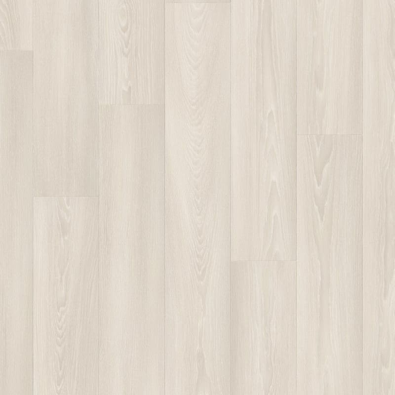 Full view of White Premium Oak laminate flooring showing plank layout and light coloration