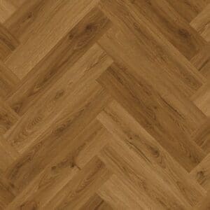 Living room with Quick-Step Alpha Ciro Botanic Caramel Oak herringbone pattern luxury vinyl flooring and modern furniture arrangement