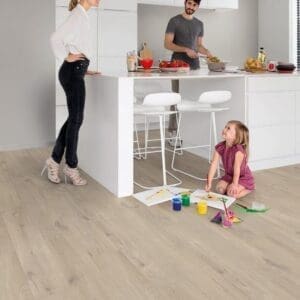 Modern bathroom featuring Quick-Step Alpha Bloom Cotton Oak Beige flooring